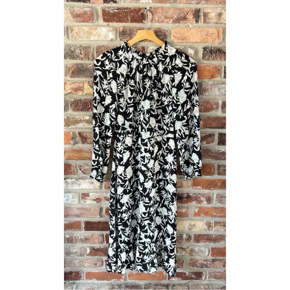 J. Crew Factory Black White Floral Ruffle Neck Peasant Midi Dress NWT, 2